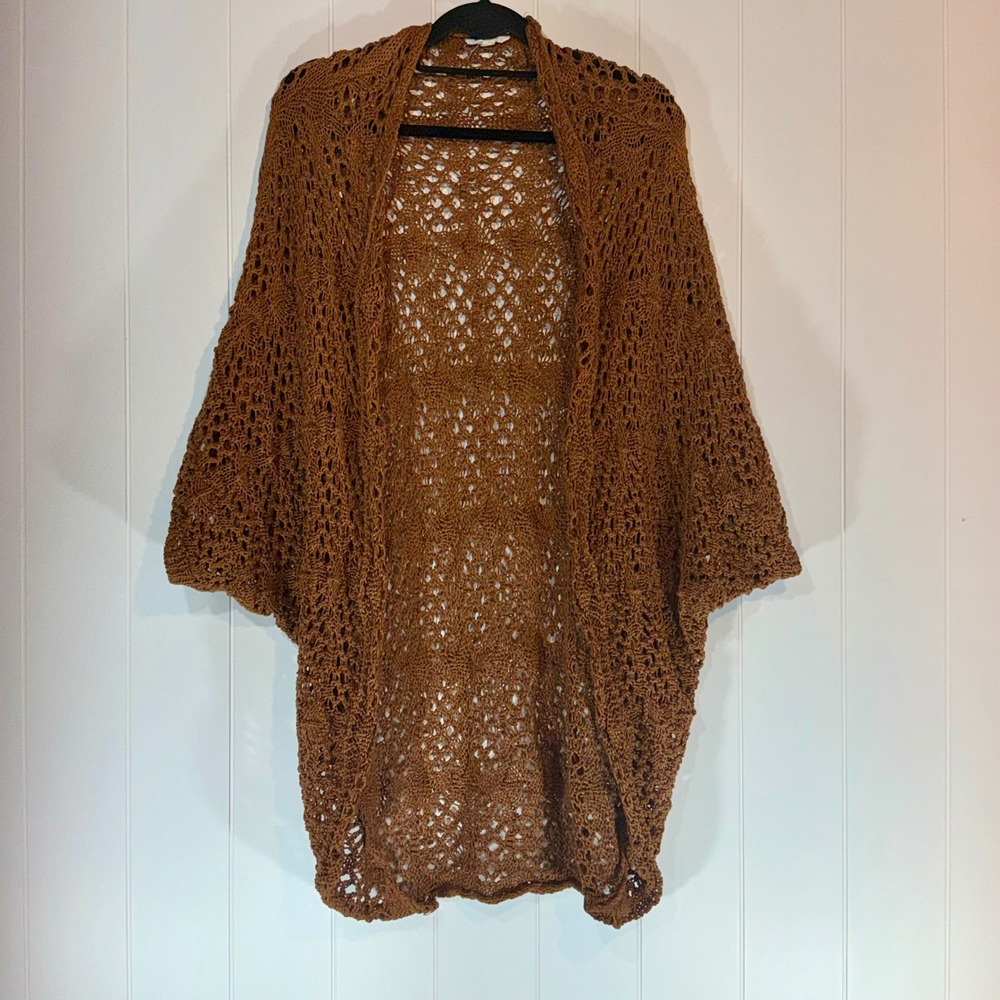 Kya Mia Women Brown Open Knit Crochet Cocoon Cardigan Sweater Medium Boho Rust